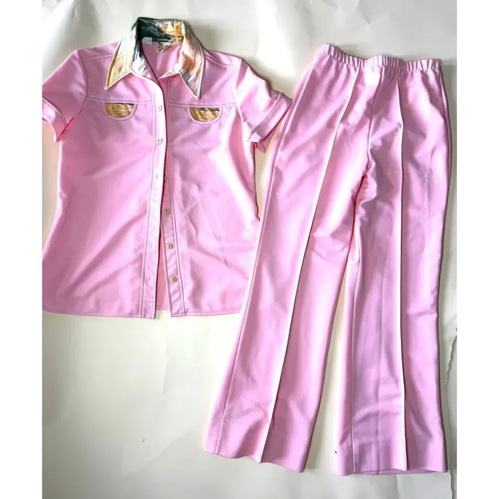 Vintage Mr. Berg Pink 2 Piece Pantsuit Printed Collar Wide Leg